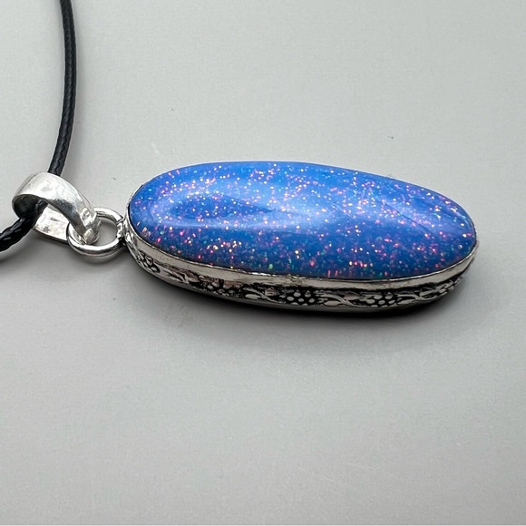 New Milky Glitter Opalite Silver Overlay Pendant Necklace with Cord - Picture 2 of 5